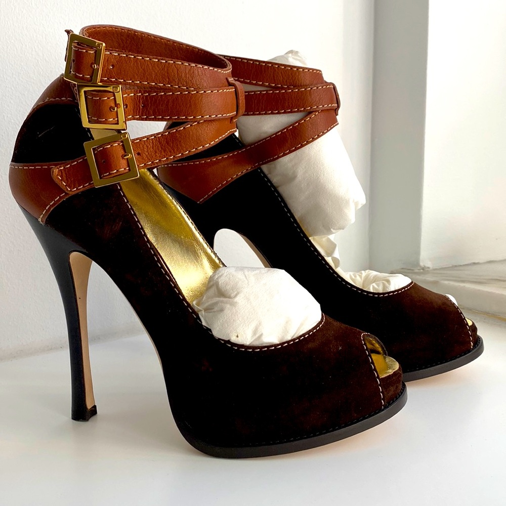 D squared Brown Suede Ankle Strap Peep Toe Platform Heels